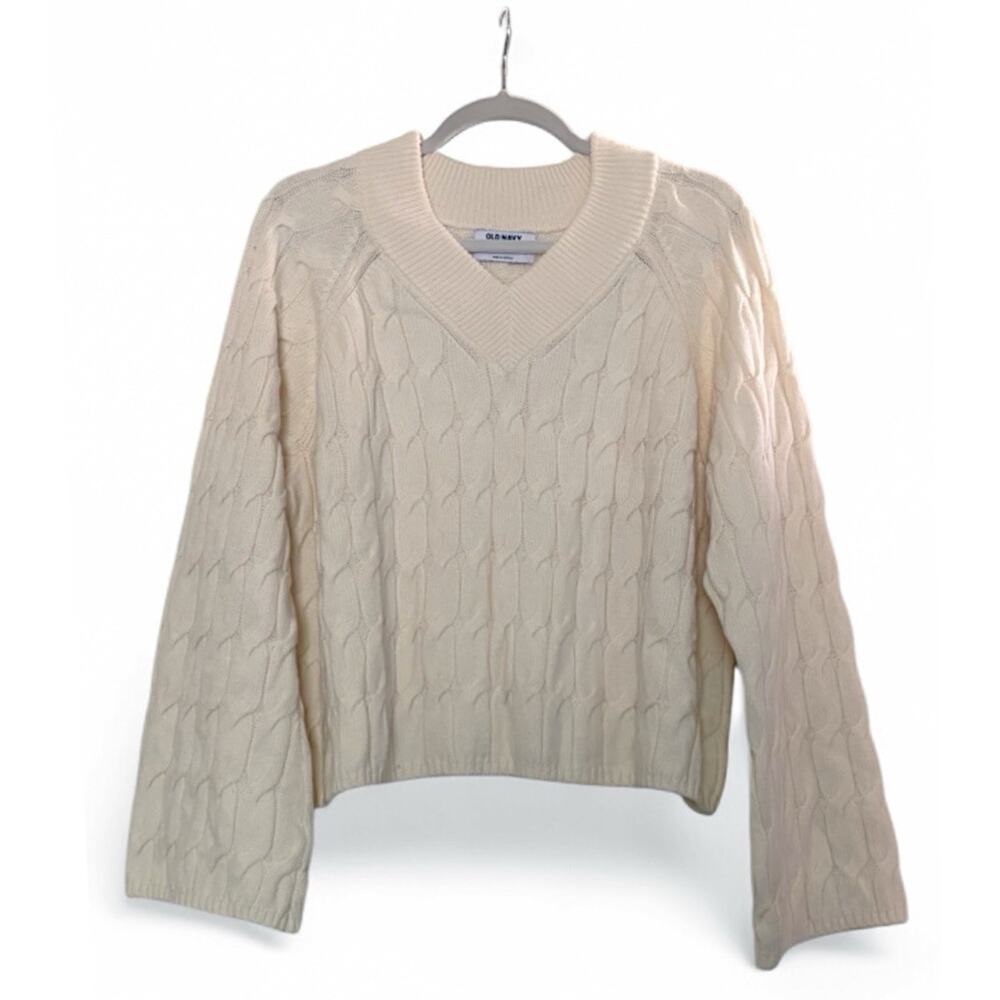 NWT Old Navy Cable Knit Cropped Sweater XL Petite Ivory Wool Blend Quiet Luxury